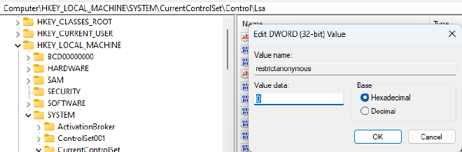 Registry key of restrictanonymous